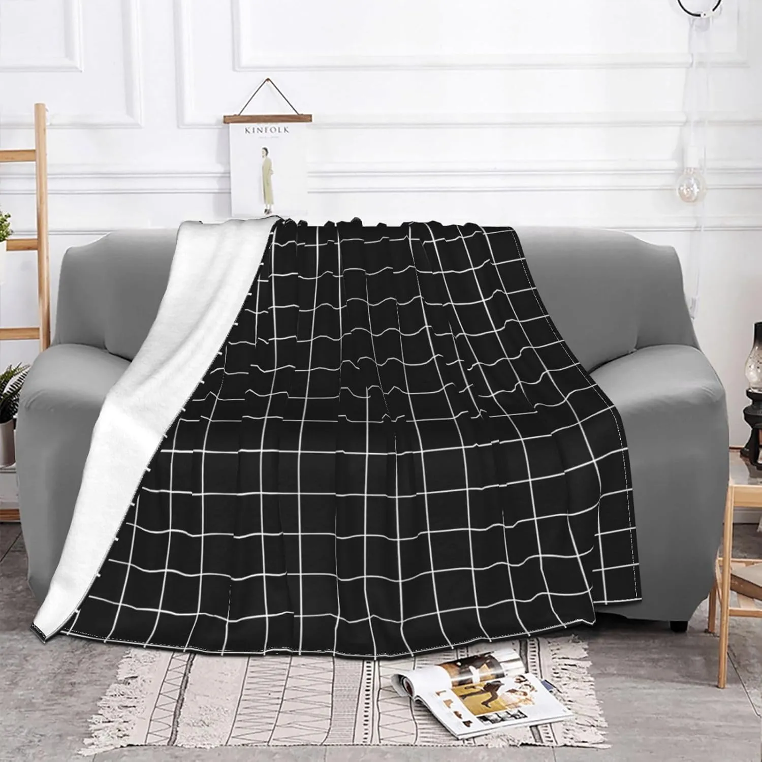 Black Grid 60"X50" Flannel Blanket - 100% Soft Polyester, Lightweight and Warm, Suitable for Families, Camping, Travel