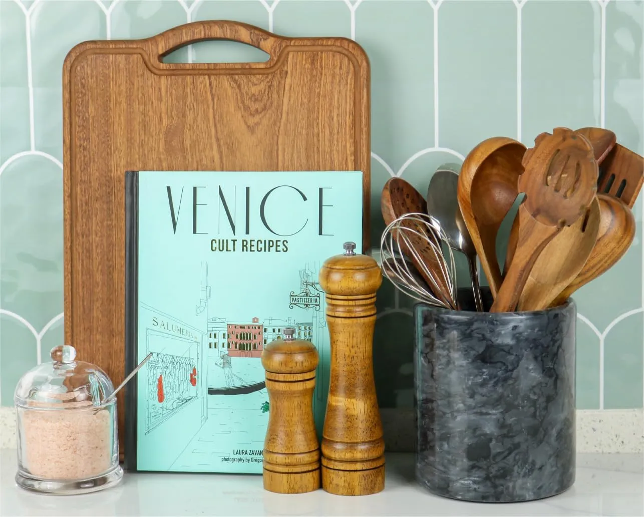 Black Marble Kitchen Utensil Holder, Weighted Utensils Organizer Crock for Countertop, Wine Chiller Bucket with Protective Padded Base