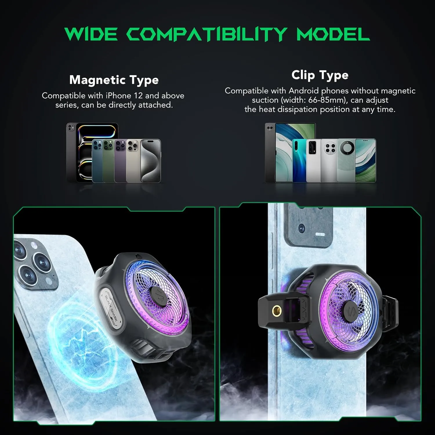 Black Shark Magnetic Cell Phone Cooler 4Pro, Portable RGB Cooling Fan, Cellphone Radiator with Removable Grip, App-Controlled Smart Temperature Control for iPhone MagSafe Series/Android/Tablet/iPad