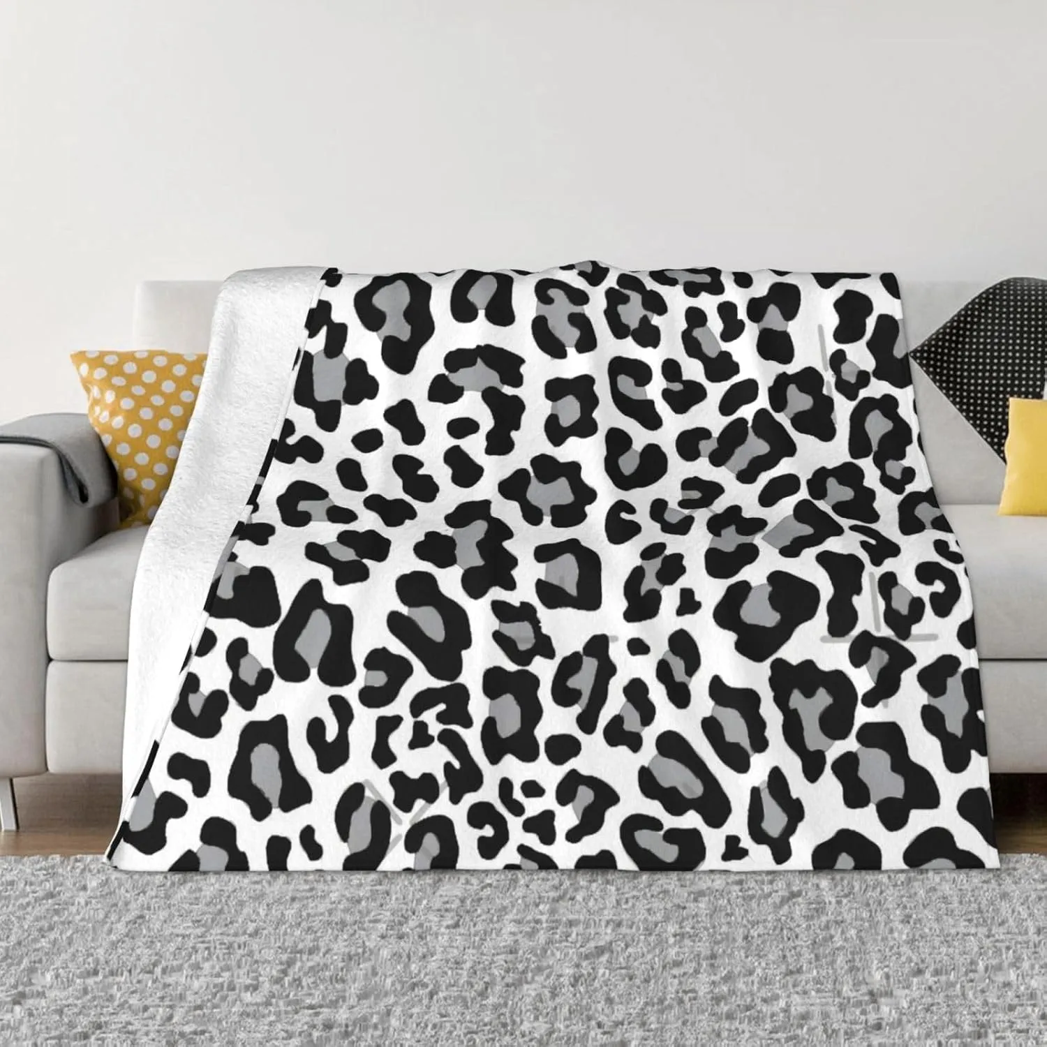 Black, White and Grey Leopard Print 80"X60" Flannel Blanket - 100% Soft Polyester, Lightweight and Warm, Suitable for Families, Camping, Travel