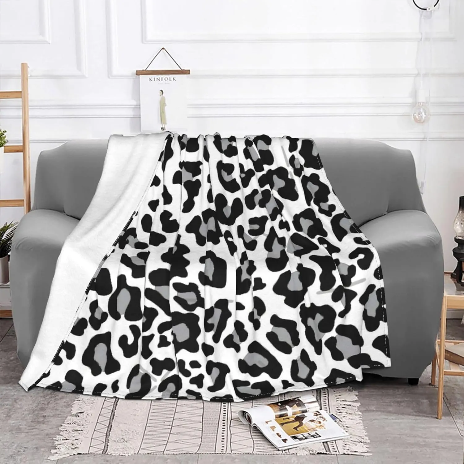 Black, White and Grey Leopard Print 80"X60" Flannel Blanket - 100% Soft Polyester, Lightweight and Warm, Suitable for Families, Camping, Travel
