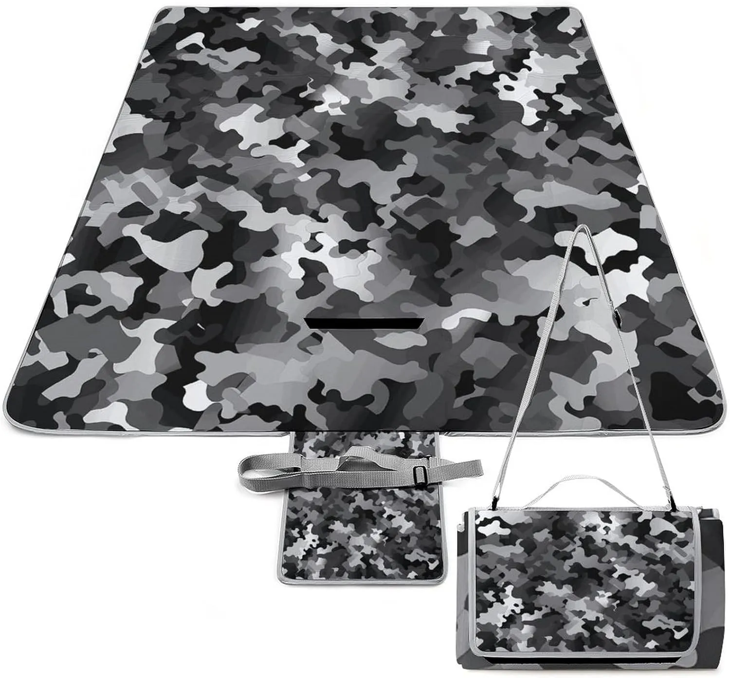 Black White Gray Camouflage Picnic Blanket Outdoor, Oversized Beach Blanket, Foldable Lightweight Waterproof Sand Cushion Suitable for Beaches, Camping Grasslands Mat