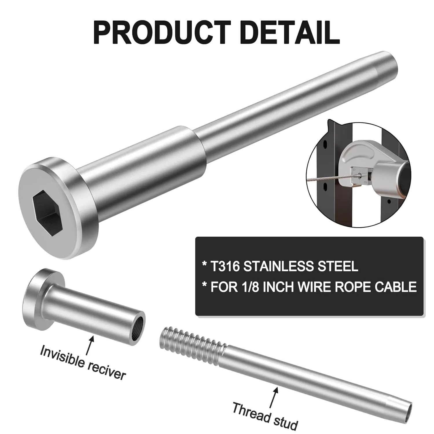 BLIKA 60 Pack Invisible Cable Railing kit, T316 Stainless Steel 1/8" Invisible Receiver and Swage Stud End for Cable Railing, Swage Tensioner 1/8" for Wood/Metal Post, Cable Railing Hardware
