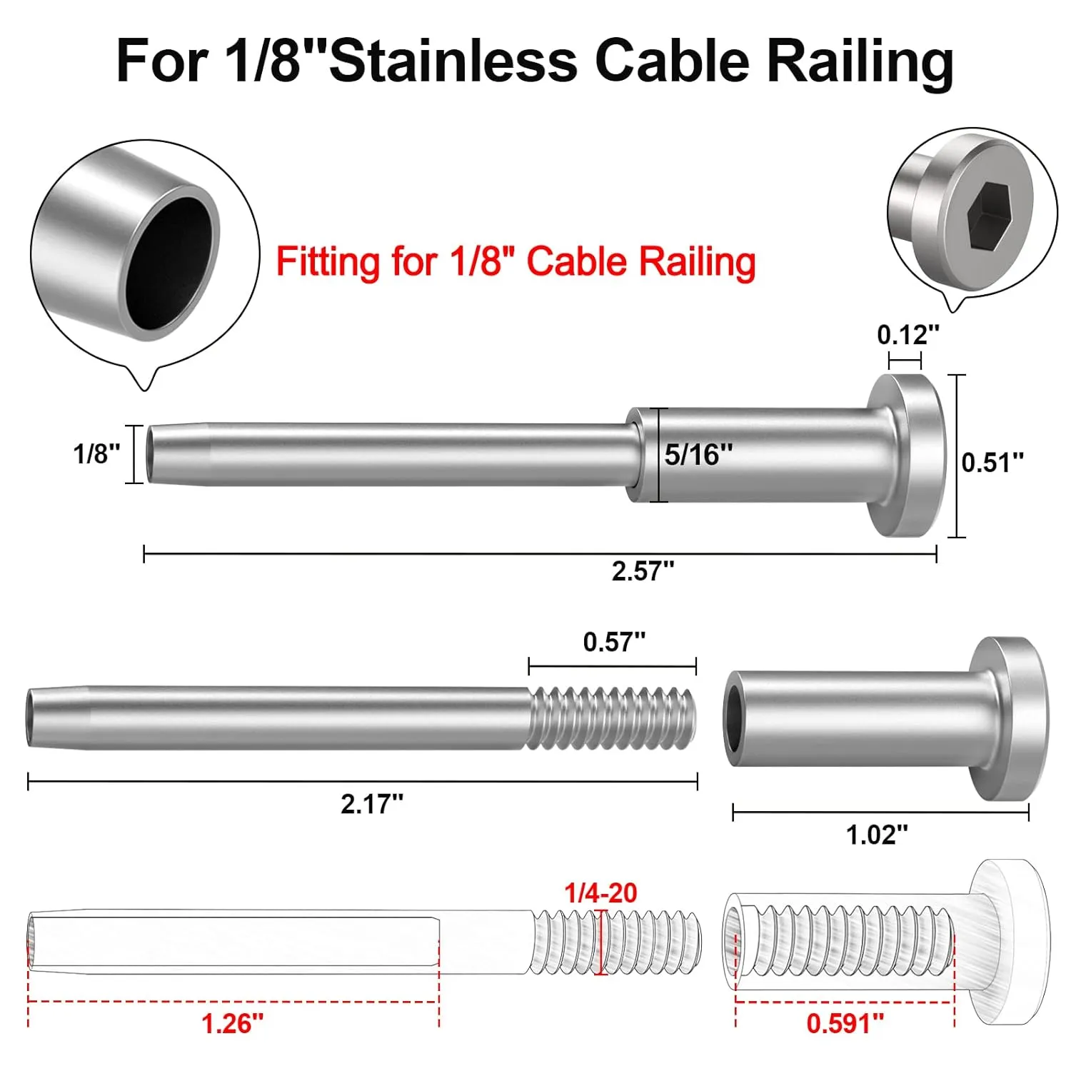 BLIKA 60 Pack Invisible Cable Railing kit, T316 Stainless Steel 1/8" Invisible Receiver and Swage Stud End for Cable Railing, Swage Tensioner 1/8" for Wood/Metal Post, Cable Railing Hardware