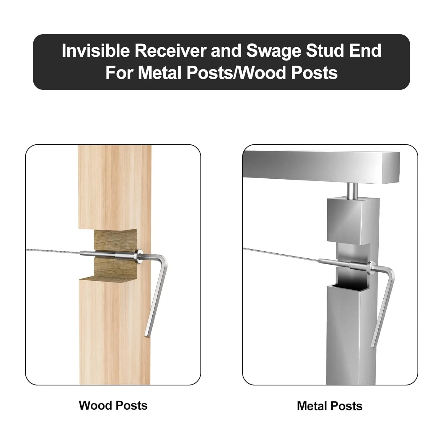 BLIKA 60 Pack Invisible Cable Railing kit, T316 Stainless Steel 1/8" Invisible Receiver and Swage Stud End for Cable Railing, Swage Tensioner 1/8" for Wood/Metal Post, Cable Railing Hardware