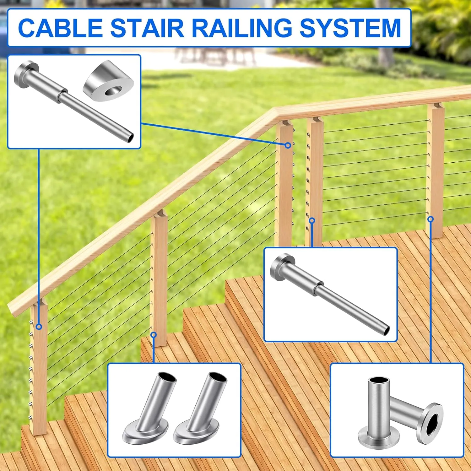 BLIKA 60 Pack Invisible Cable Railing kit, T316 Stainless Steel 1/8" Invisible Receiver and Swage Stud End for Cable Railing, Swage Tensioner 1/8" for Wood/Metal Post, Cable Railing Hardware