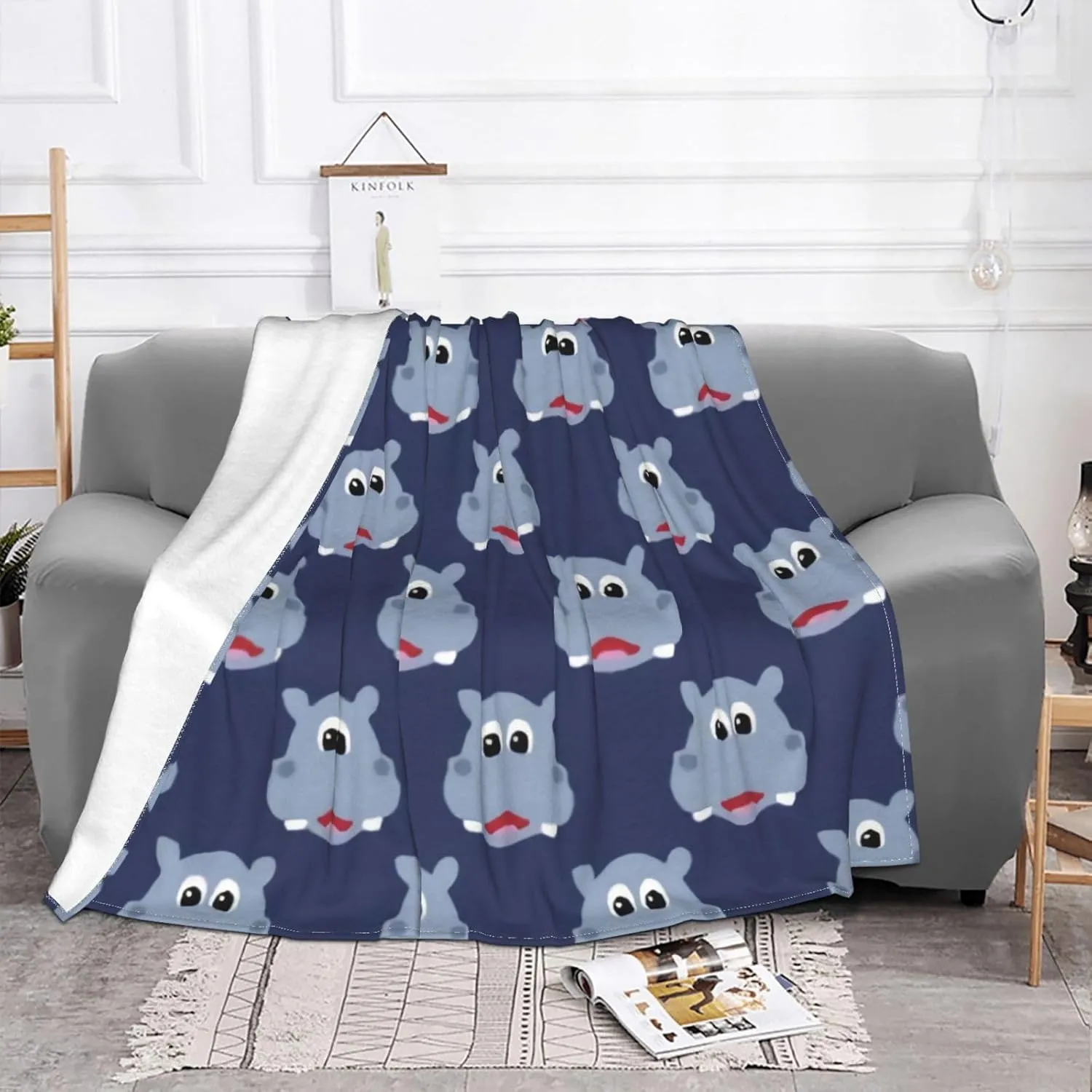 Blue Hippopotamus 60"X50" Flannel Blanket - 100% Soft Polyester, Lightweight and Warm, Suitable for Families, Camping, Travel