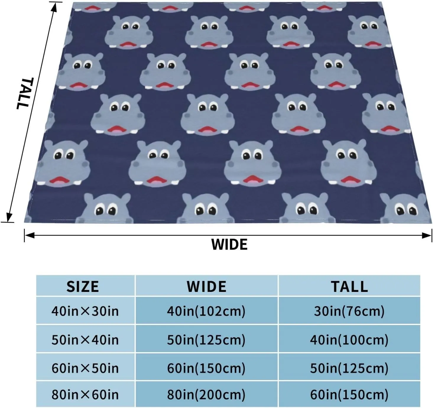 Blue Hippopotamus 60"X50" Flannel Blanket - 100% Soft Polyester, Lightweight and Warm, Suitable for Families, Camping, Travel