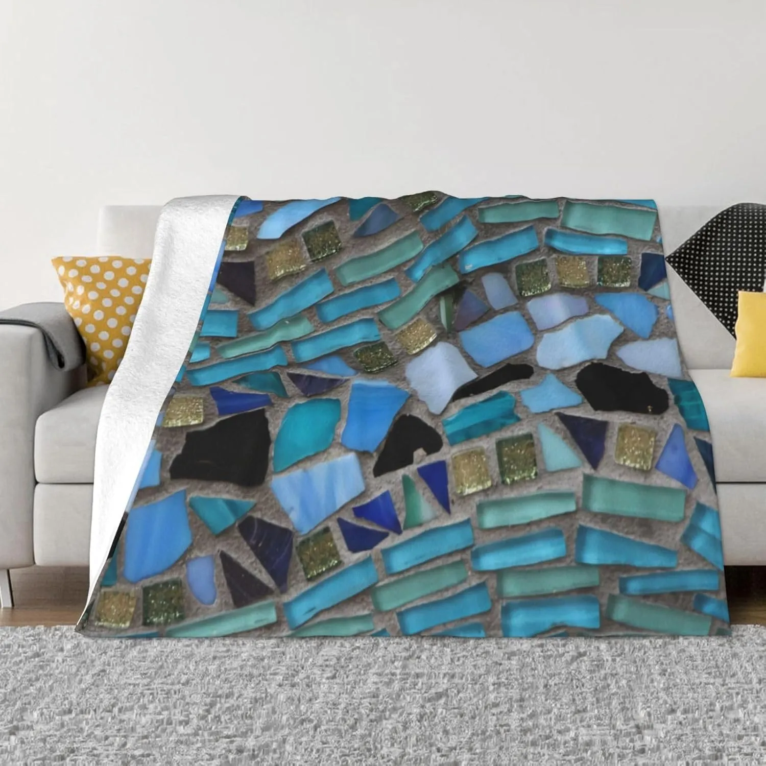 Blue Sea Glass Mosaic Light 60"X50" Flannel Blanket - 100% Soft Polyester, Lightweight and Warm, Suitable for Families, Camping, Travel