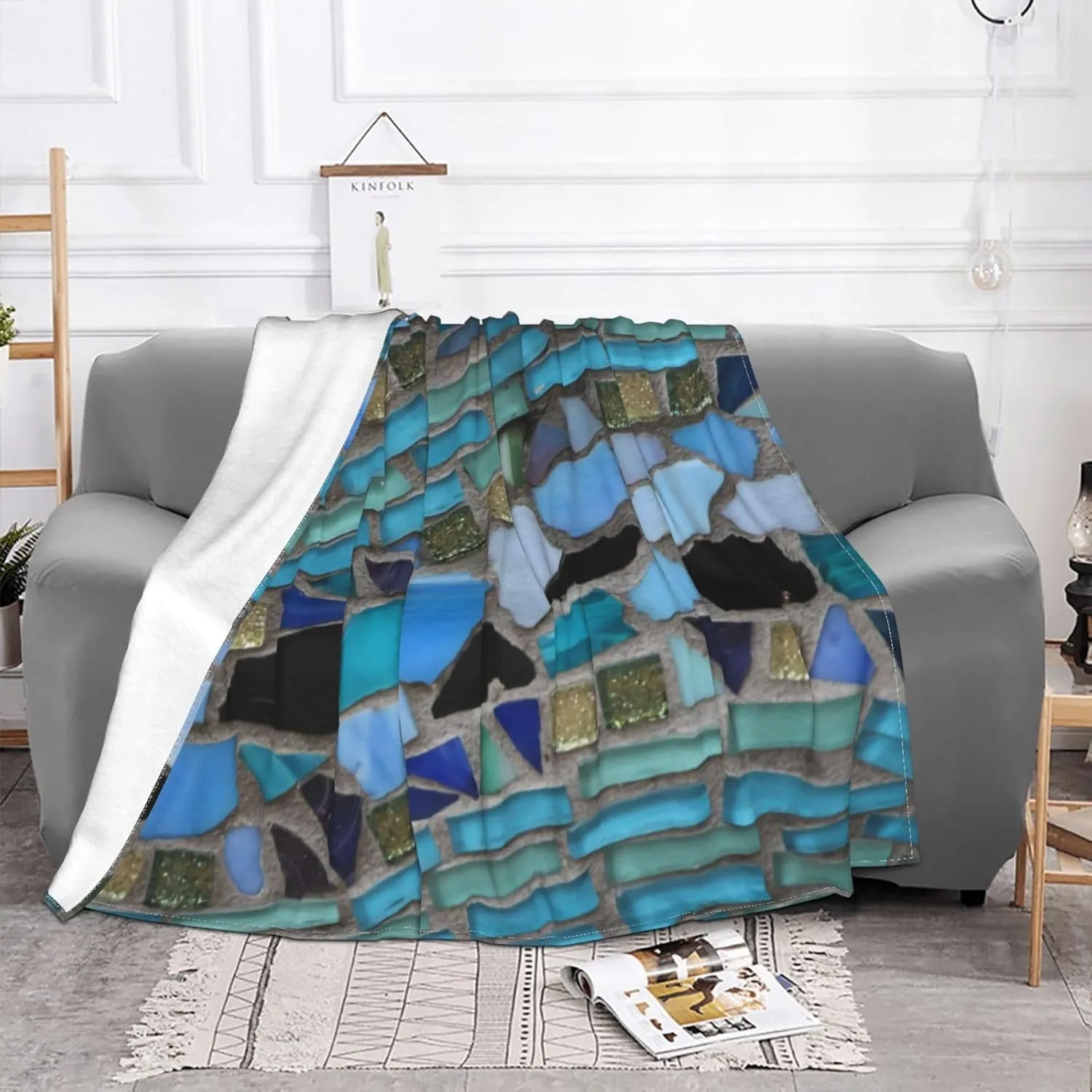 Blue Sea Glass Mosaic Light 60"X50" Flannel Blanket - 100% Soft Polyester, Lightweight and Warm, Suitable for Families, Camping, Travel