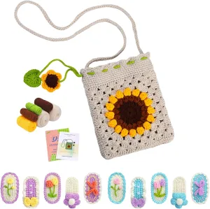 BlueskyInno Crochet Kit for Beginners 2 pcs(Sunflower Bag 1pcs and Purple Hairpin 10pcs),Crochet Flowers,Beginner Crochet Kit for Adults, Yarn, Stitch Mark, Step-by-Step Instructions and Video
