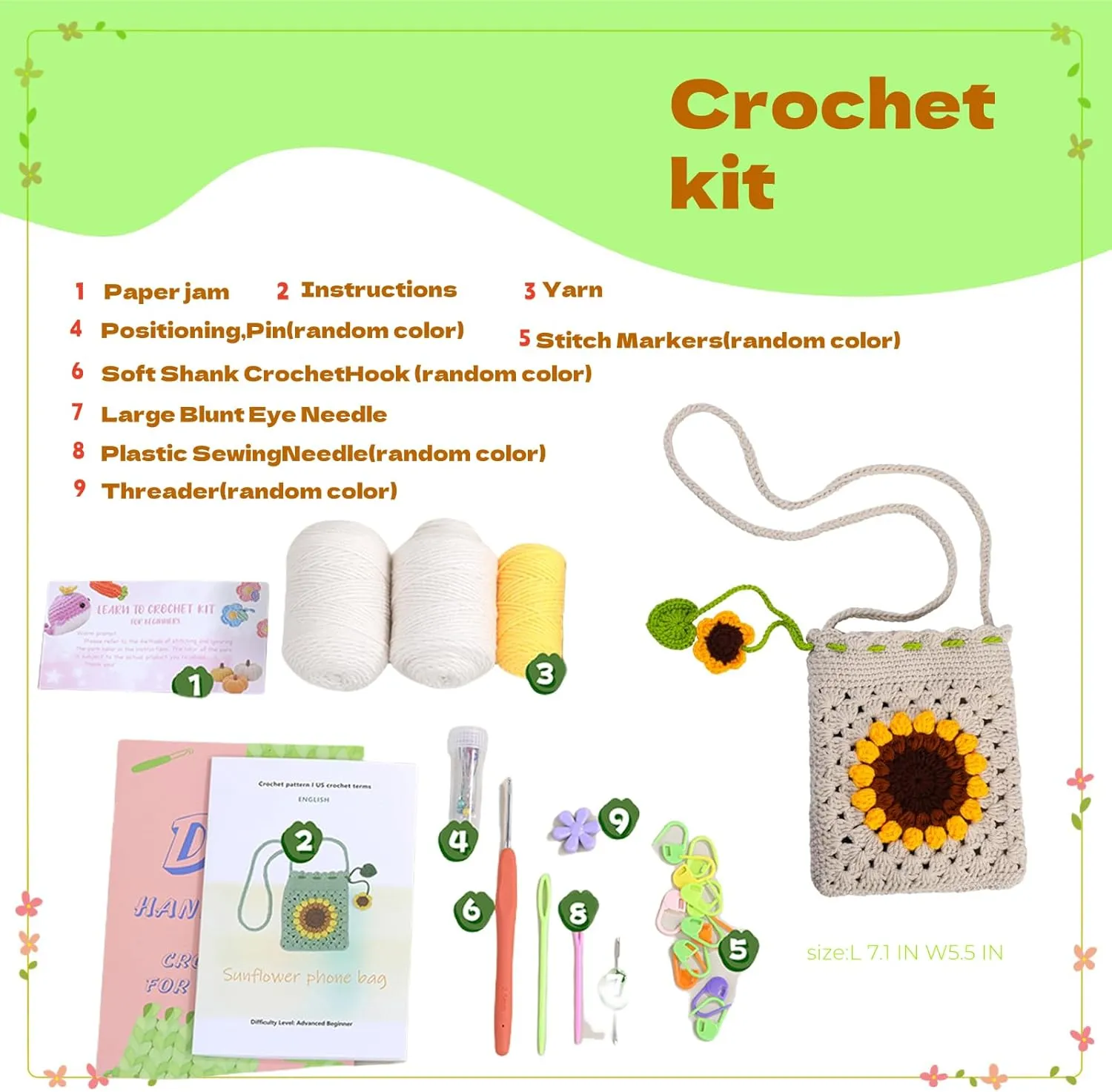 BlueskyInno Crochet Kit for Beginners 2 pcs(Sunflower Bag 1pcs and Purple Hairpin 10pcs),Crochet Flowers,Beginner Crochet Kit for Adults, Yarn, Stitch Mark, Step-by-Step Instructions and Video