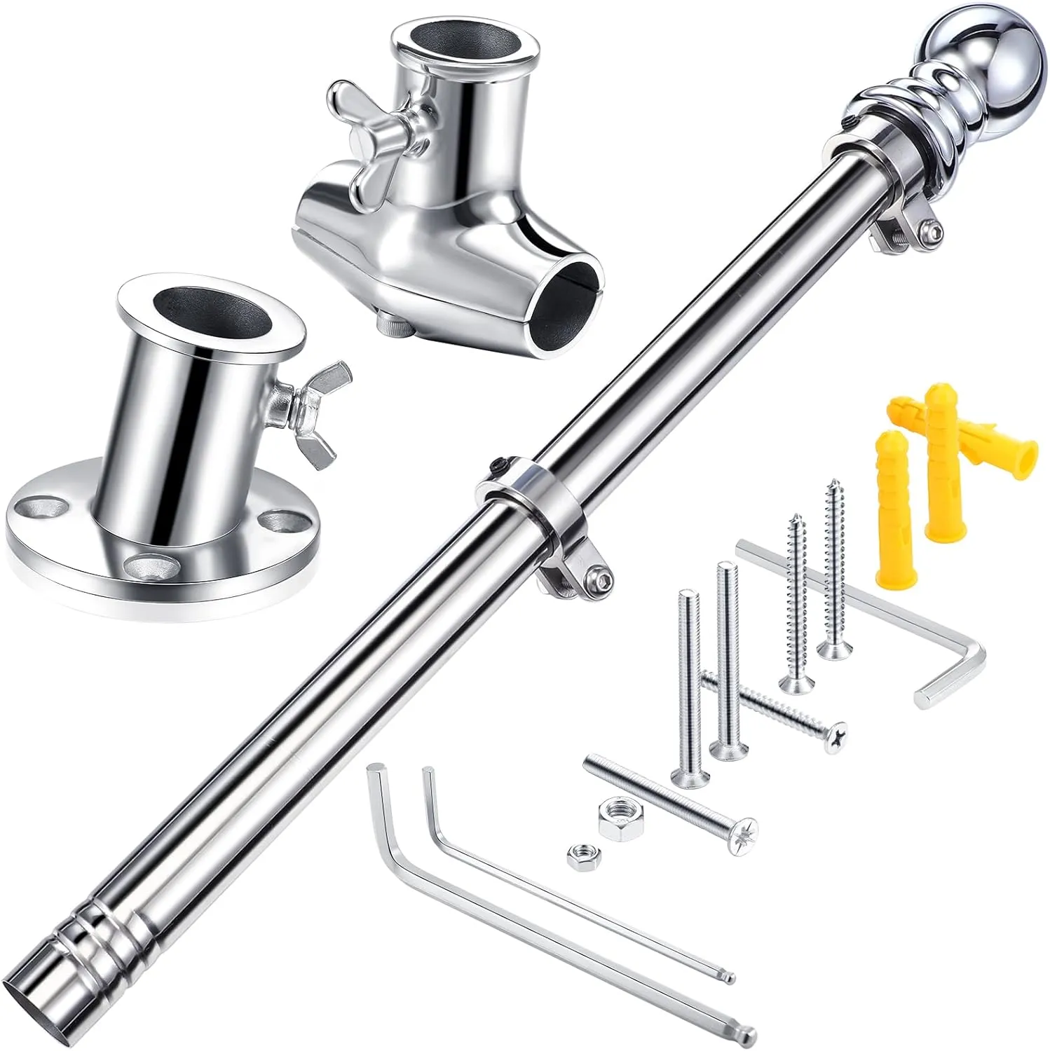 Blulu 24 Inch Boat Flag Pole Holder Set 316 Stainless Steel Marine Flag Pole Socket Rail Mount Hardware for 1 Inch Railing and Post, Boat, Pontoon, Yacht, Yard, Truck