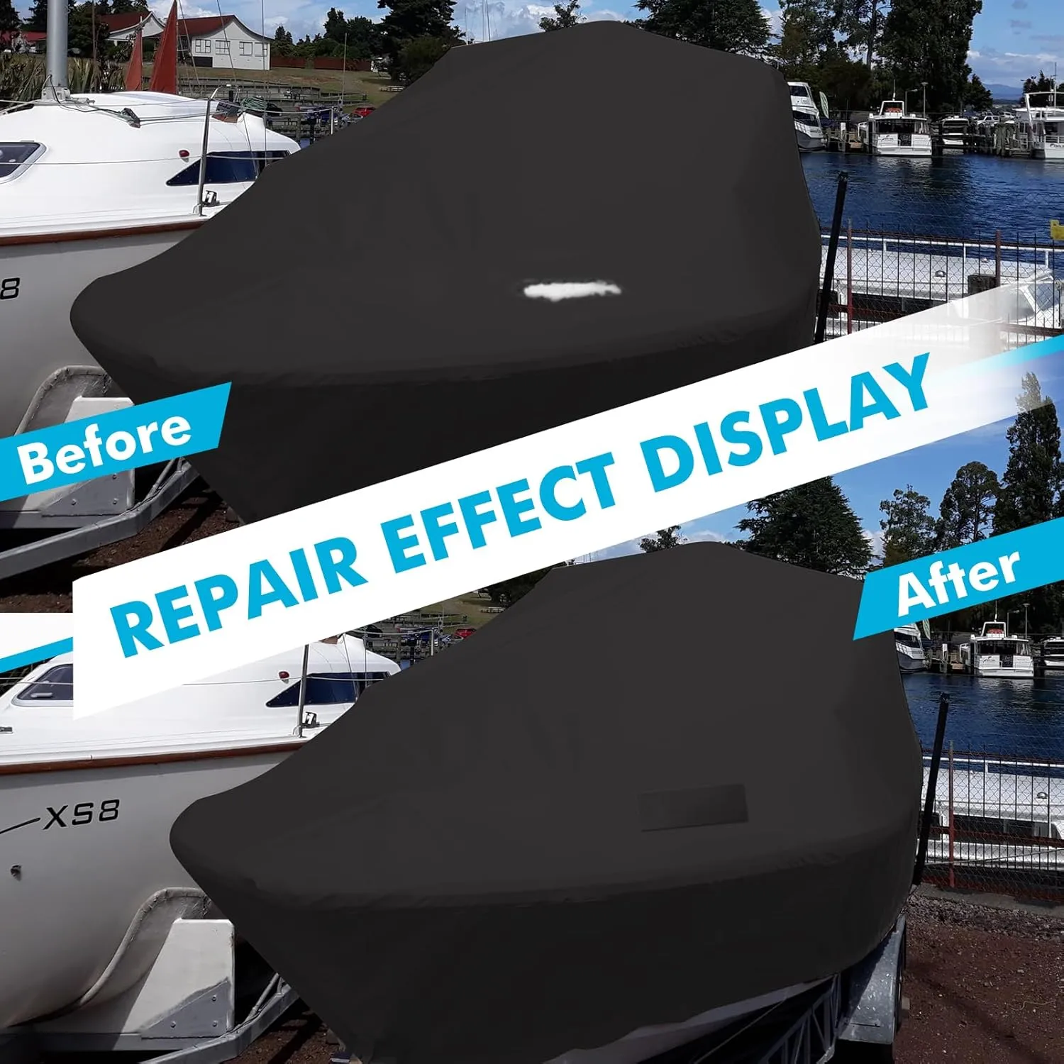 Boat Cover Repair Kit, 600D Super Stick Self-Adhesive Boat Cover Patch Repair Kit for Repairing Pool Cover, RV Cover, Awning, Waterproof Heavy Duty Canvas Repair Kit Black, 15" x 10",2 Pcs