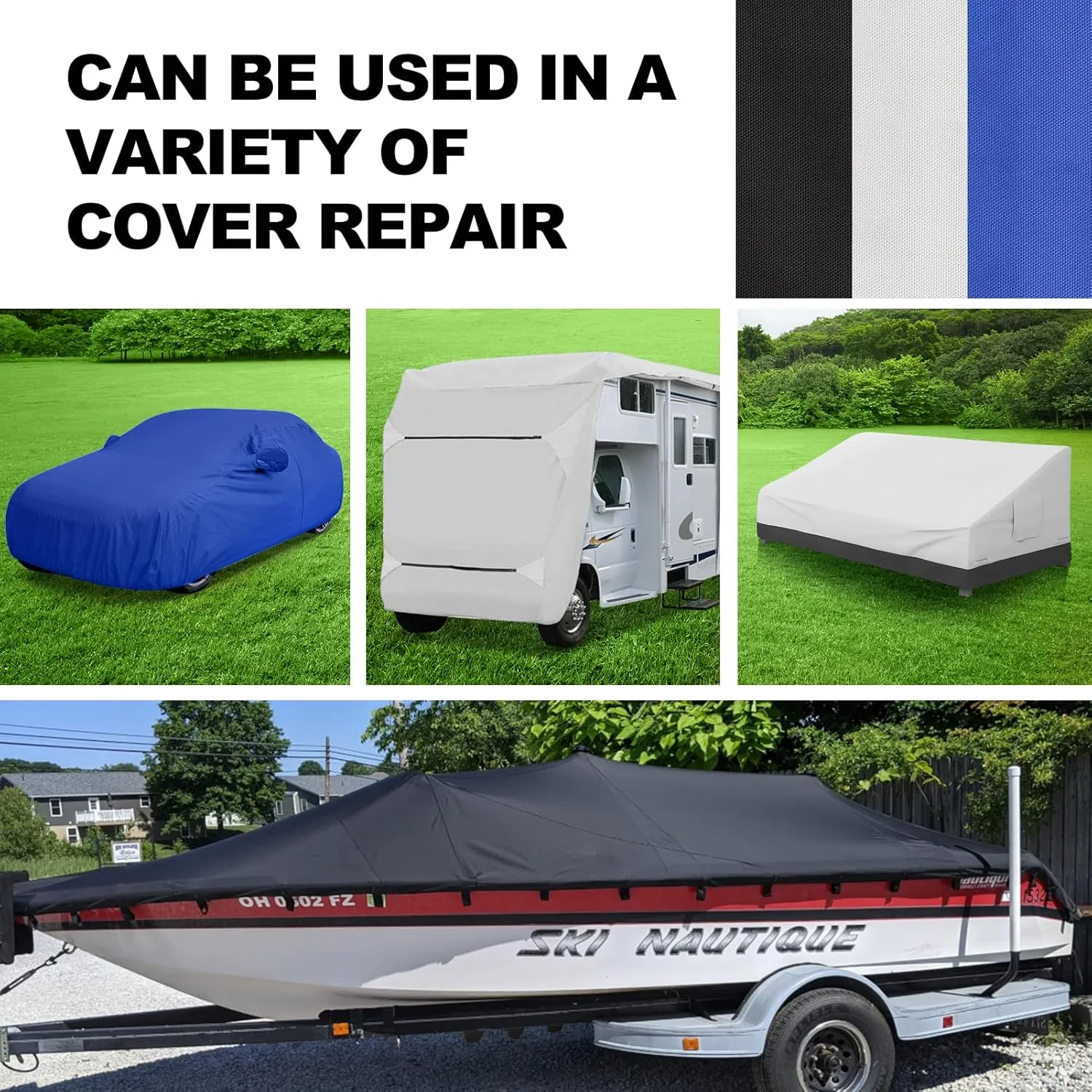 Boat Cover Repair Kit, 600D Super Stick Self-Adhesive Boat Cover Patch Repair Kit for Repairing Pool Cover, RV Cover, Awning, Waterproof Heavy Duty Canvas Repair Kit Black, 15" x 10",2 Pcs