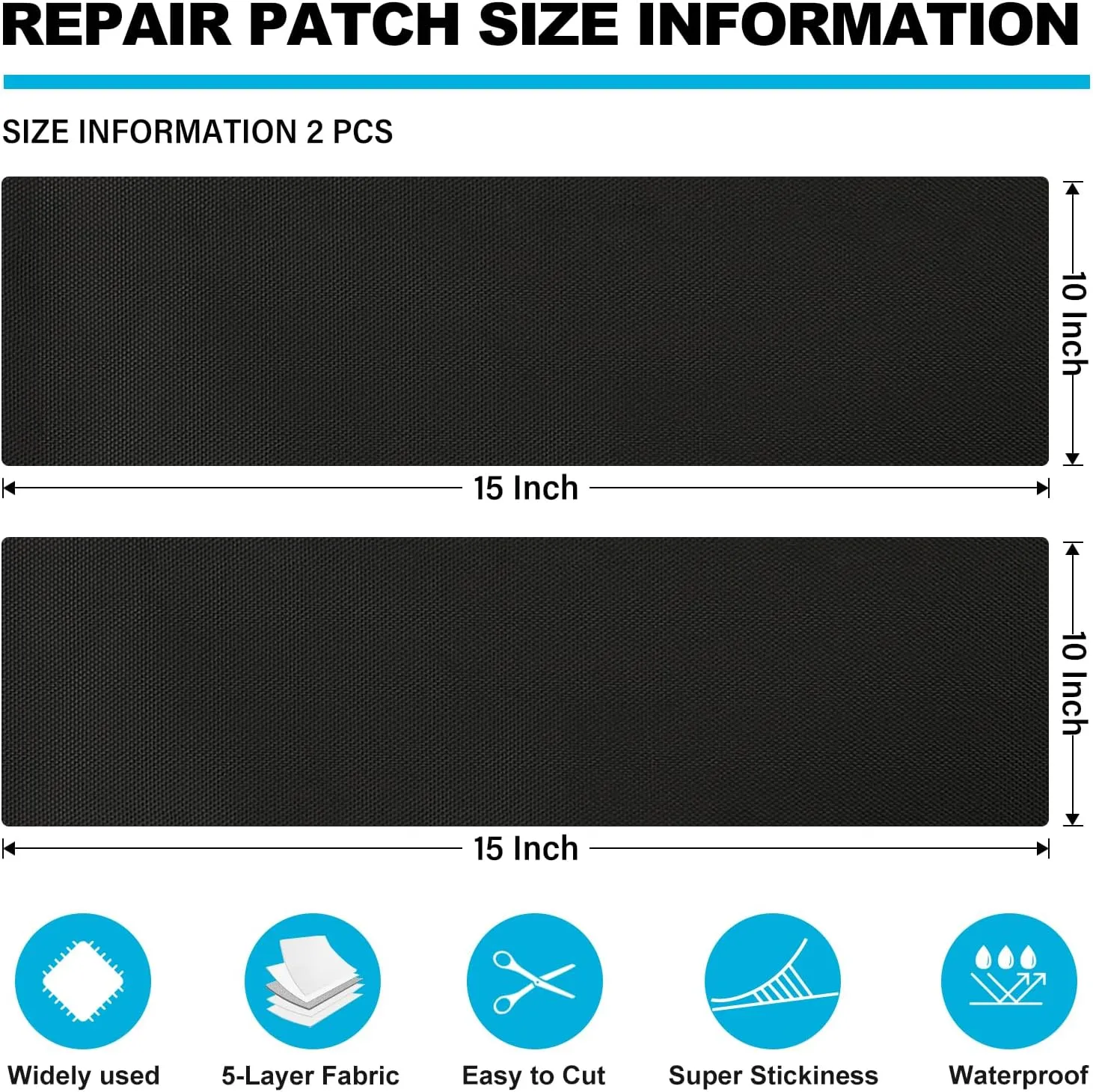 Boat Cover Repair Kit, 600D Super Stick Self-Adhesive Boat Cover Patch Repair Kit for Repairing Pool Cover, RV Cover, Awning, Waterproof Heavy Duty Canvas Repair Kit Black, 15" x 10",2 Pcs