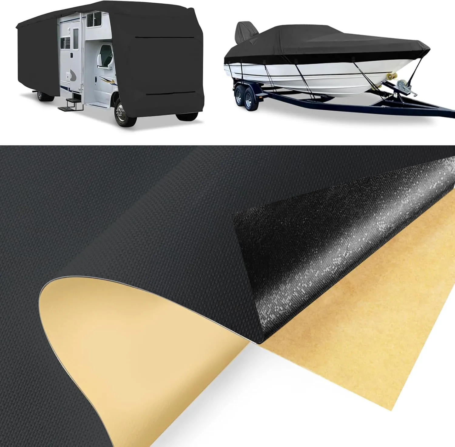 Boat Cover Repair Kit, 600D Super Stick Self-Adhesive Boat Cover Patch Repair Kit for Repairing Pool Cover, RV Cover, Awning, Waterproof Heavy Duty Canvas Repair Kit Black, 15" x 10",2 Pcs