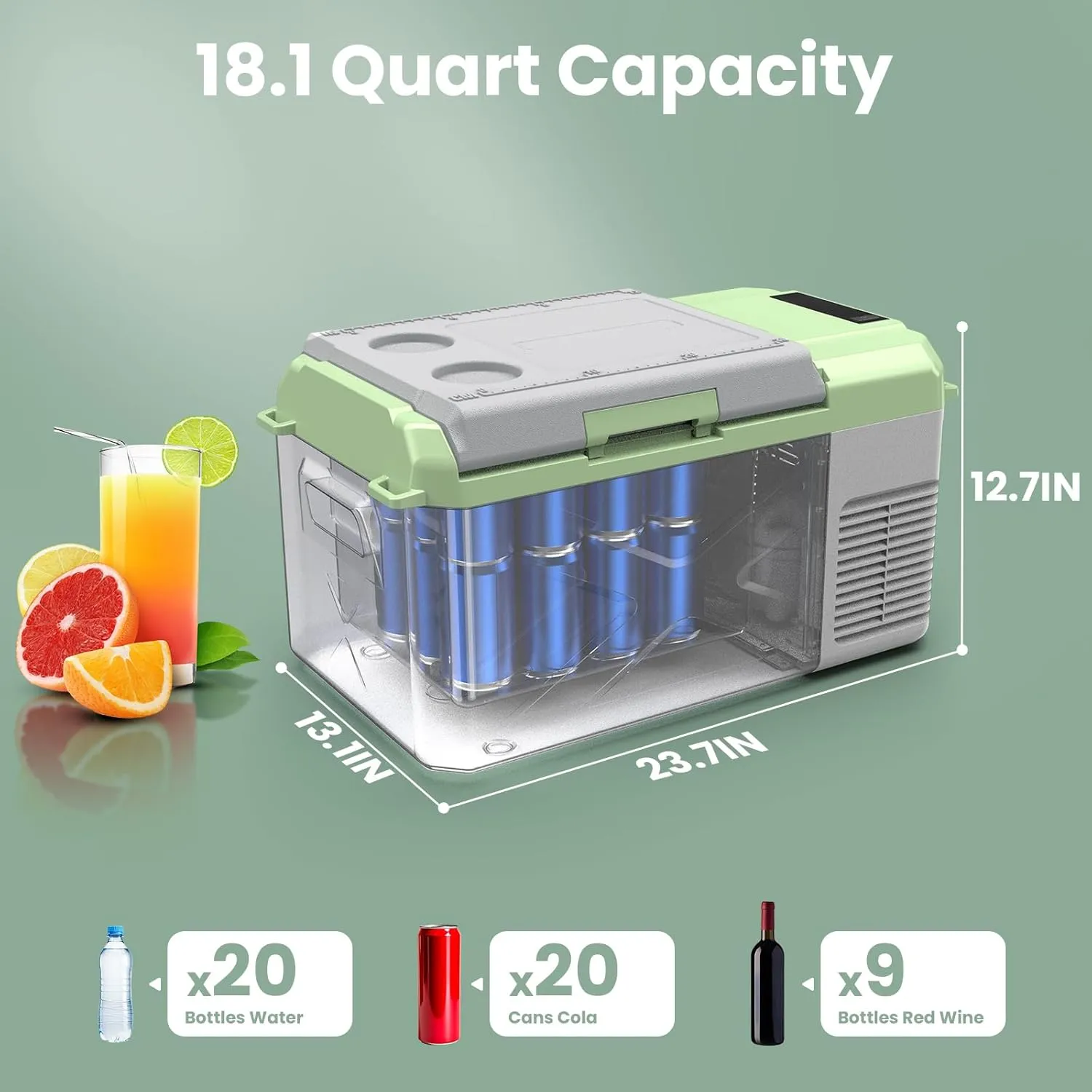 BODEGACOOLER 12 Volt Car Refrigerator, 18.1 Quart Portable Freezer,-4℉-68℉ Car Fridge, Electric Cooler 12/24V DC100-240 Volt AC for Outdoor, Vehicles, Travel, Camping, RV, Home Use