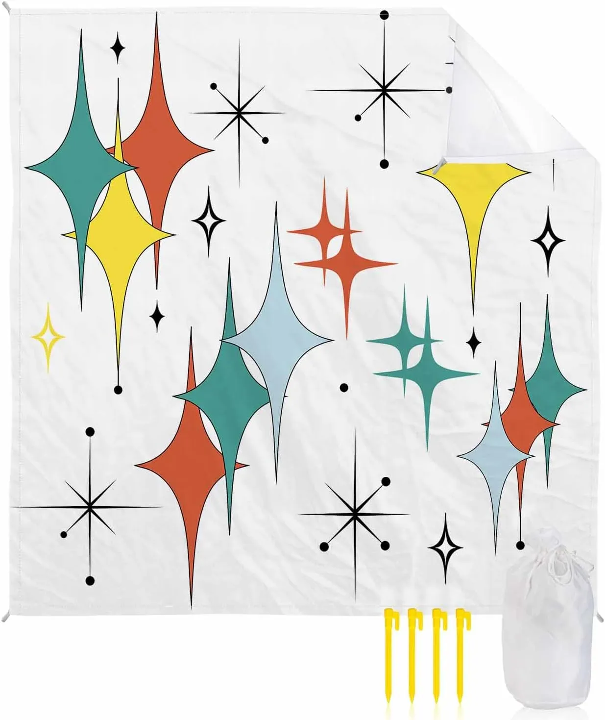 Bohemia Beach Blanket Waterproof Sandproof 108"x84", Modern Art Stars Oversized Beach Mat with 4 Corner Sand Pocket & 4 Stakes, Compact Outdoor Picnic Mat for Camping Travel Festivals