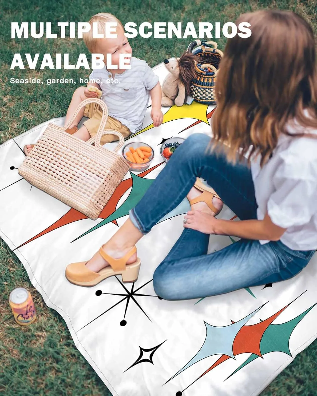 Bohemia Beach Blanket Waterproof Sandproof 108"x84", Modern Art Stars Oversized Beach Mat with 4 Corner Sand Pocket & 4 Stakes, Compact Outdoor Picnic Mat for Camping Travel Festivals