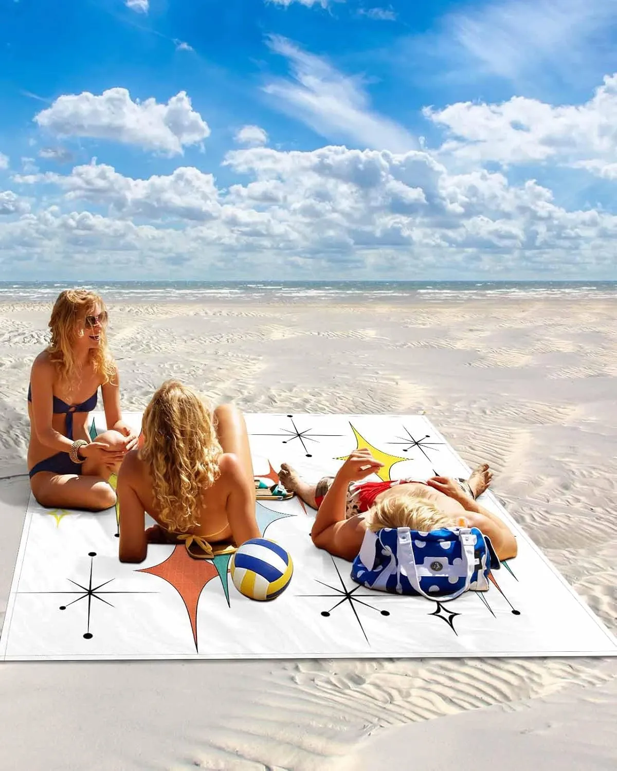 Bohemia Beach Blanket Waterproof Sandproof 108"x84", Modern Art Stars Oversized Beach Mat with 4 Corner Sand Pocket & 4 Stakes, Compact Outdoor Picnic Mat for Camping Travel Festivals
