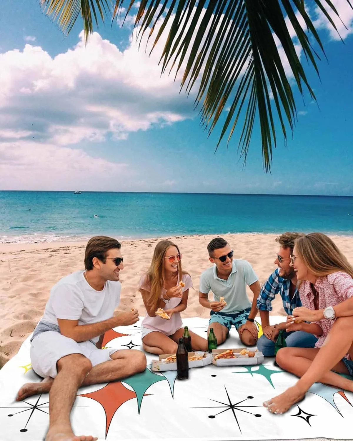 Bohemia Beach Blanket Waterproof Sandproof 108"x84", Modern Art Stars Oversized Beach Mat with 4 Corner Sand Pocket & 4 Stakes, Compact Outdoor Picnic Mat for Camping Travel Festivals