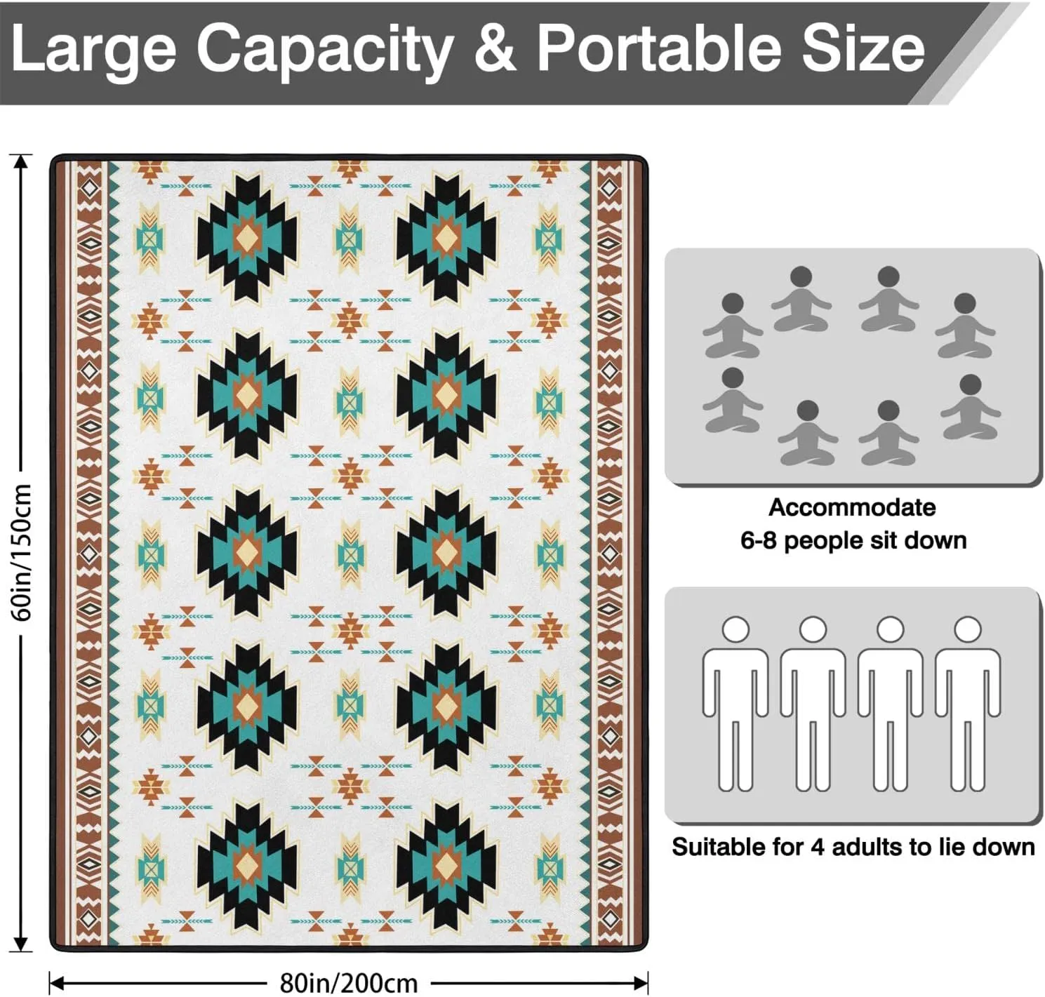 Boho Picnic Blankets Waterproof Foldable, 60’‘x80'' Portable Dual Layers Outdoor Travel Camping Picnic Backpacking Hiking Beach Blanket Mat for Grass Padded Lawn Park Beach ,Picnic Accessories