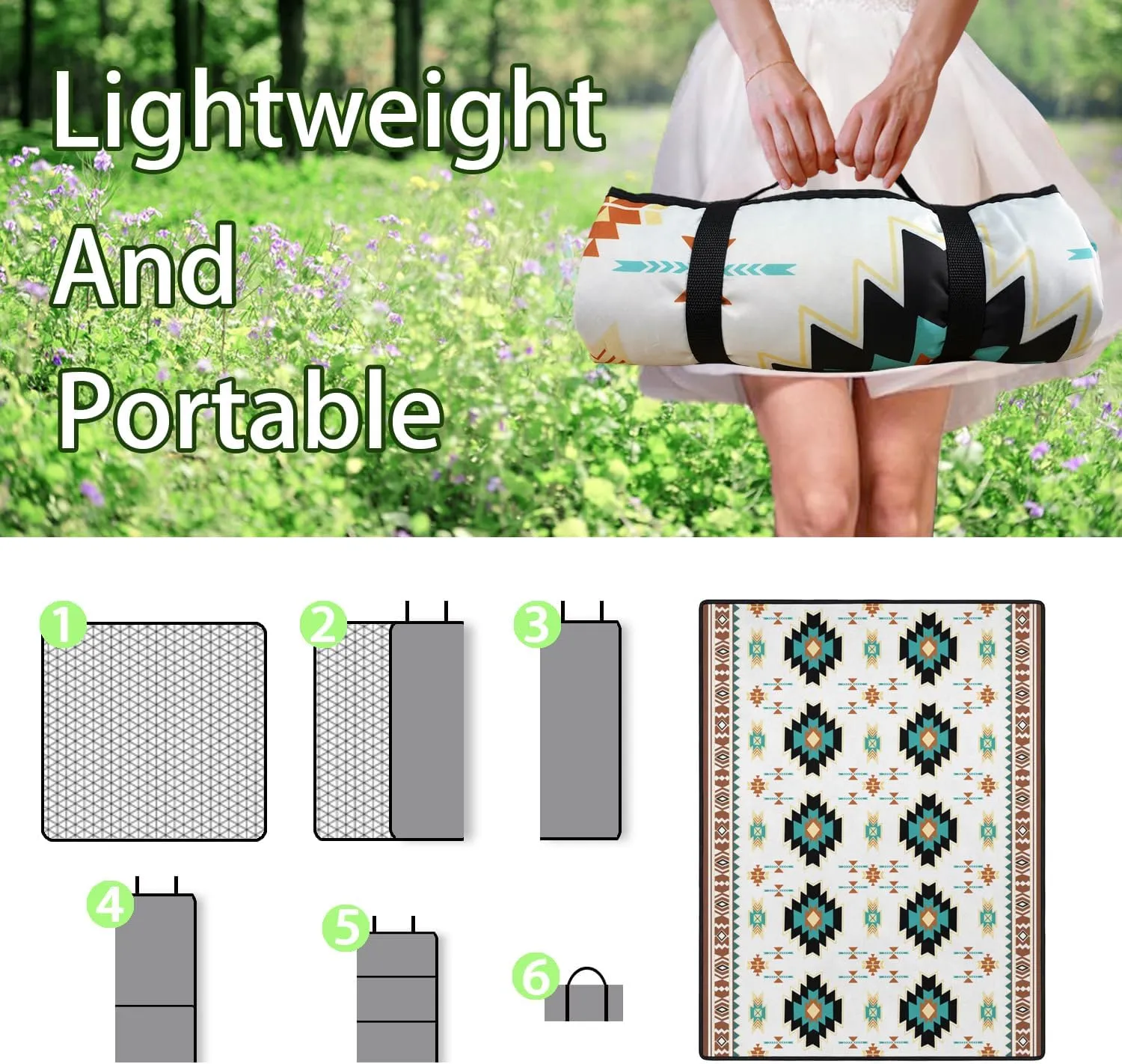 Boho Picnic Blankets Waterproof Foldable, 60’‘x80'' Portable Dual Layers Outdoor Travel Camping Picnic Backpacking Hiking Beach Blanket Mat for Grass Padded Lawn Park Beach ,Picnic Accessories