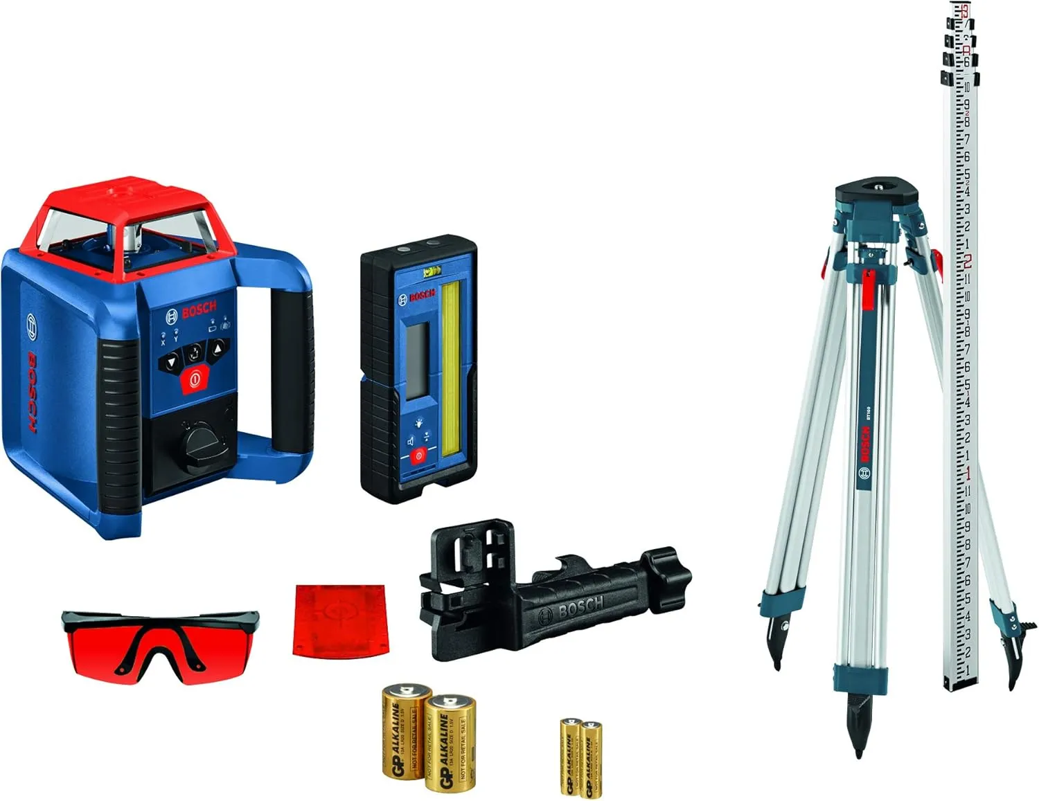 BOSCH GRL2000-40HK REVOLVE Self-Leveling Horizontal Rotary Laser Kit, Includes Tripod, Grade Rod, Laser Receiver, 2 D Batteries, 2 AA Batteries, Glasses, Target Plate, & Hard Carrying Case