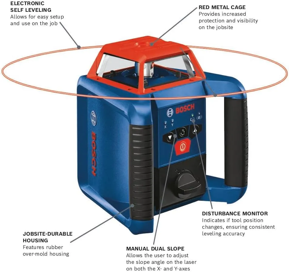 BOSCH GRL2000-40HK REVOLVE Self-Leveling Horizontal Rotary Laser Kit, Includes Tripod, Grade Rod, Laser Receiver, 2 D Batteries, 2 AA Batteries, Glasses, Target Plate, & Hard Carrying Case