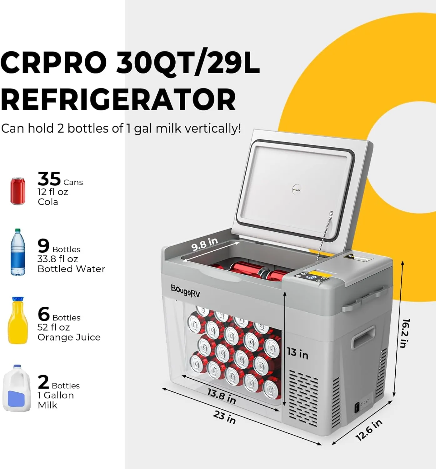 BougeRV 12 Volt Refrigerator, CRPRO 30 Quart 12V Car Fridge, Portable Freezer (-8℉~50℉), Compressor Electric Cooler with 12V/24 DC, 110-240 AC for Outdoor Camping Overlanding Truck RV SUV Van (White)