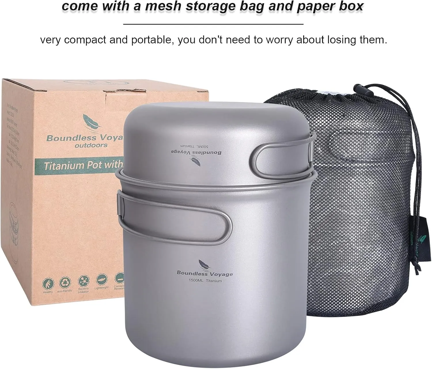 Boundless Voyage Ultralight Titanium Pan Pot Set with Folding Handle Outdoor Camping Cookware Portable Travel Backpacking Hiking Picnic Cooking Kit for 1 Person