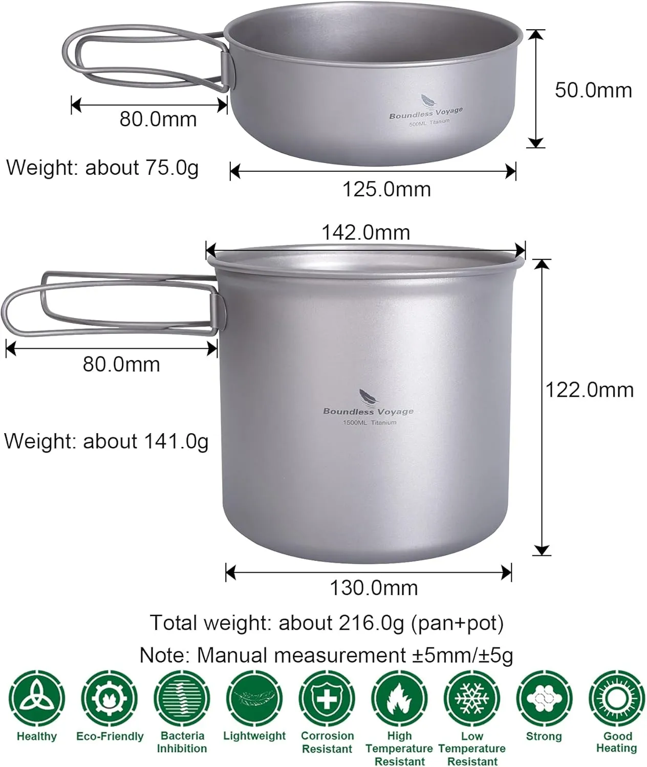 Boundless Voyage Ultralight Titanium Pan Pot Set with Folding Handle Outdoor Camping Cookware Portable Travel Backpacking Hiking Picnic Cooking Kit for 1 Person