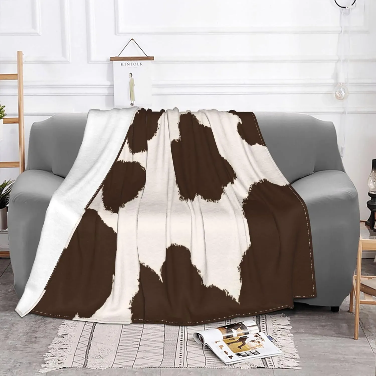 Brown Cow Hide 60"X50" Flannel Blanket - 100% Soft Polyester, Lightweight and Warm, Suitable for Families, Camping, Travel