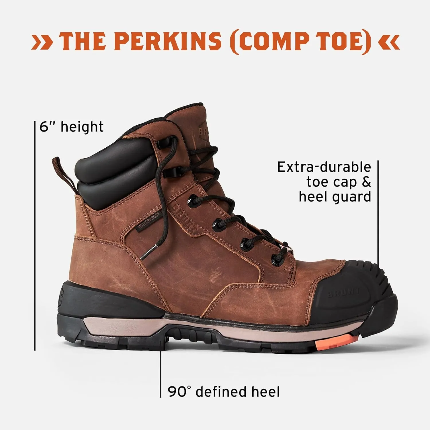 BRUNT Perkins (Comp Toe) - Brown - 6" Waterproof Durable Wedge Work Boot with Defined Heel - EH Rated - Slip   Oil Resistant - Adjustable Width System