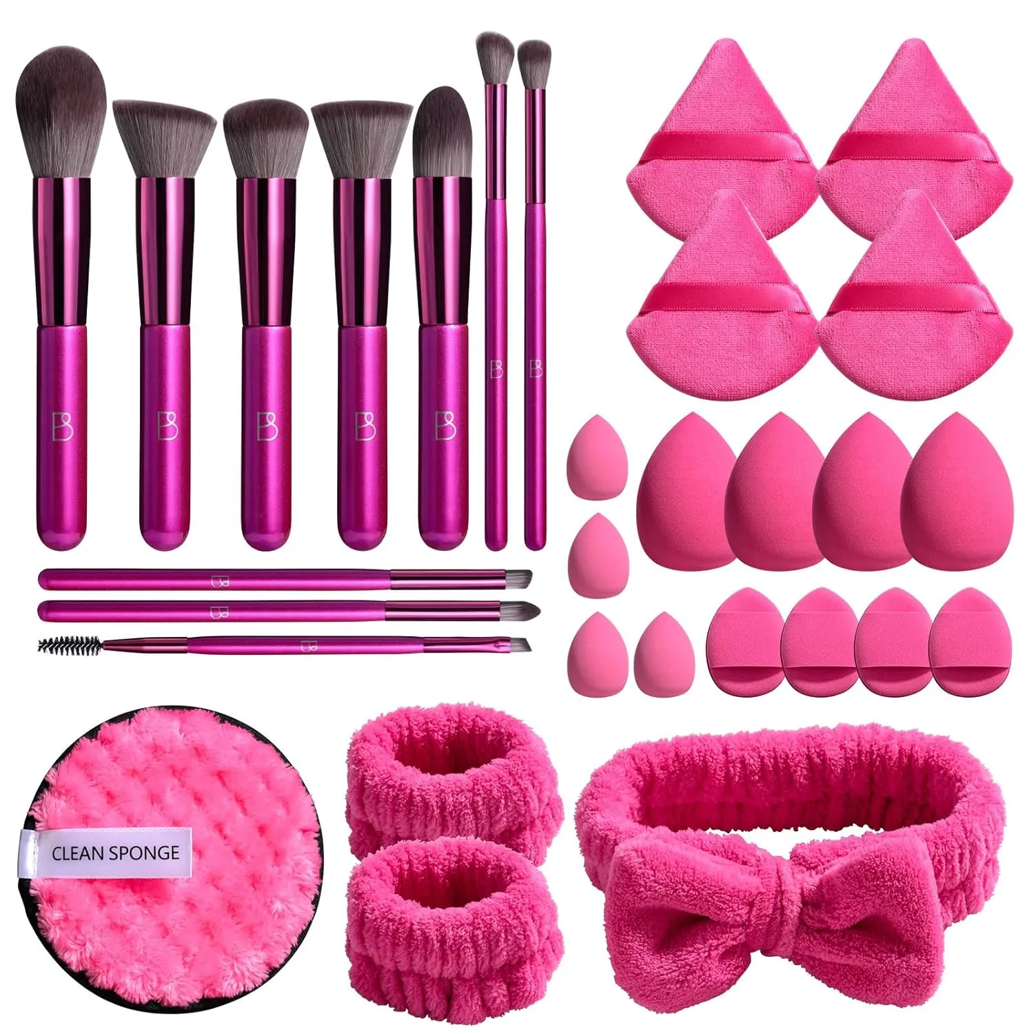 BS-MALL Makeup Brushes Set 30 Pcs – Including Face Washing Puffs, Waterproof Travel Set, and Finger Sponge for All Your Beauty Needs (Rose Red)