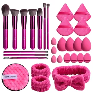 BS-MALL Makeup Brushes Set 30 Pcs – Including Face Washing Puffs, Waterproof Travel Set, and Finger Sponge for All Your Beauty Needs (Rose Red)