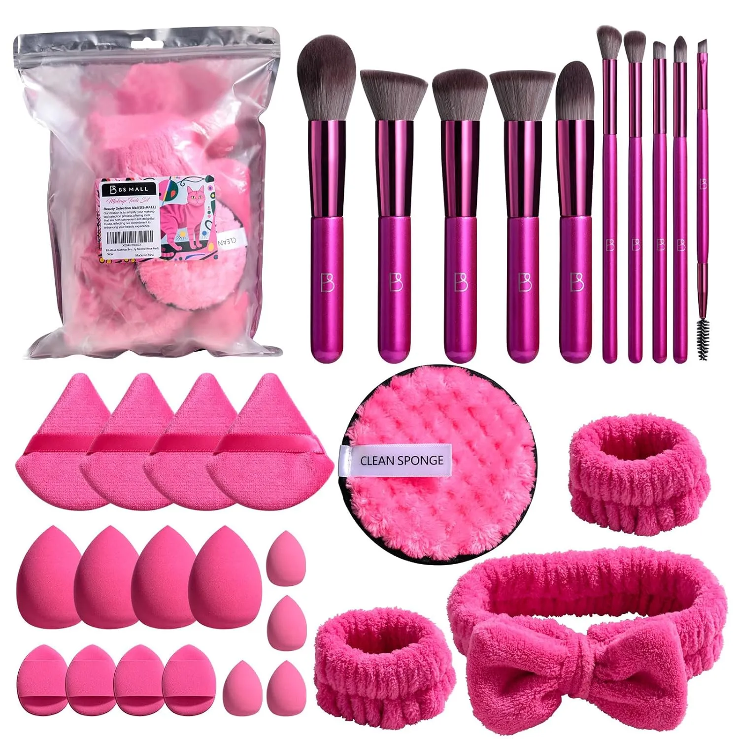 BS-MALL Makeup Brushes Set 30 Pcs – Including Face Washing Puffs, Waterproof Travel Set, and Finger Sponge for All Your Beauty Needs (Rose Red)