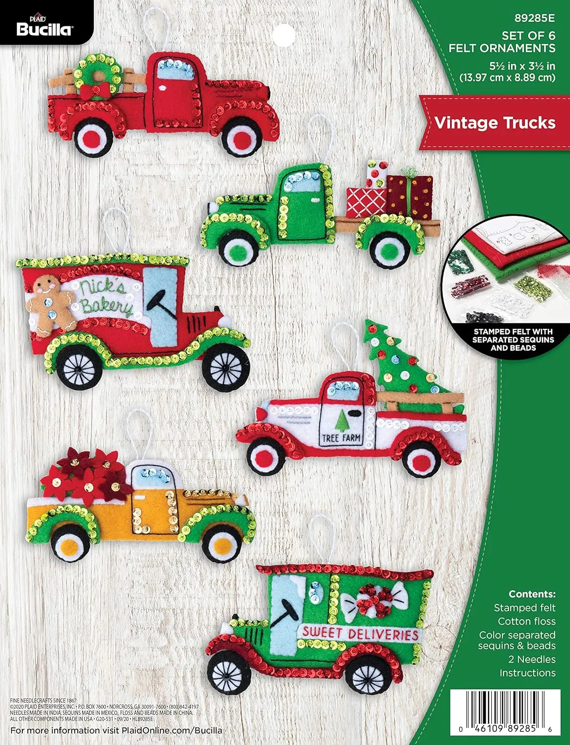 Bucilla 89295E Felt Applique Ornament Kit, Vintage Trucks, Red, Green, White, Set of 6