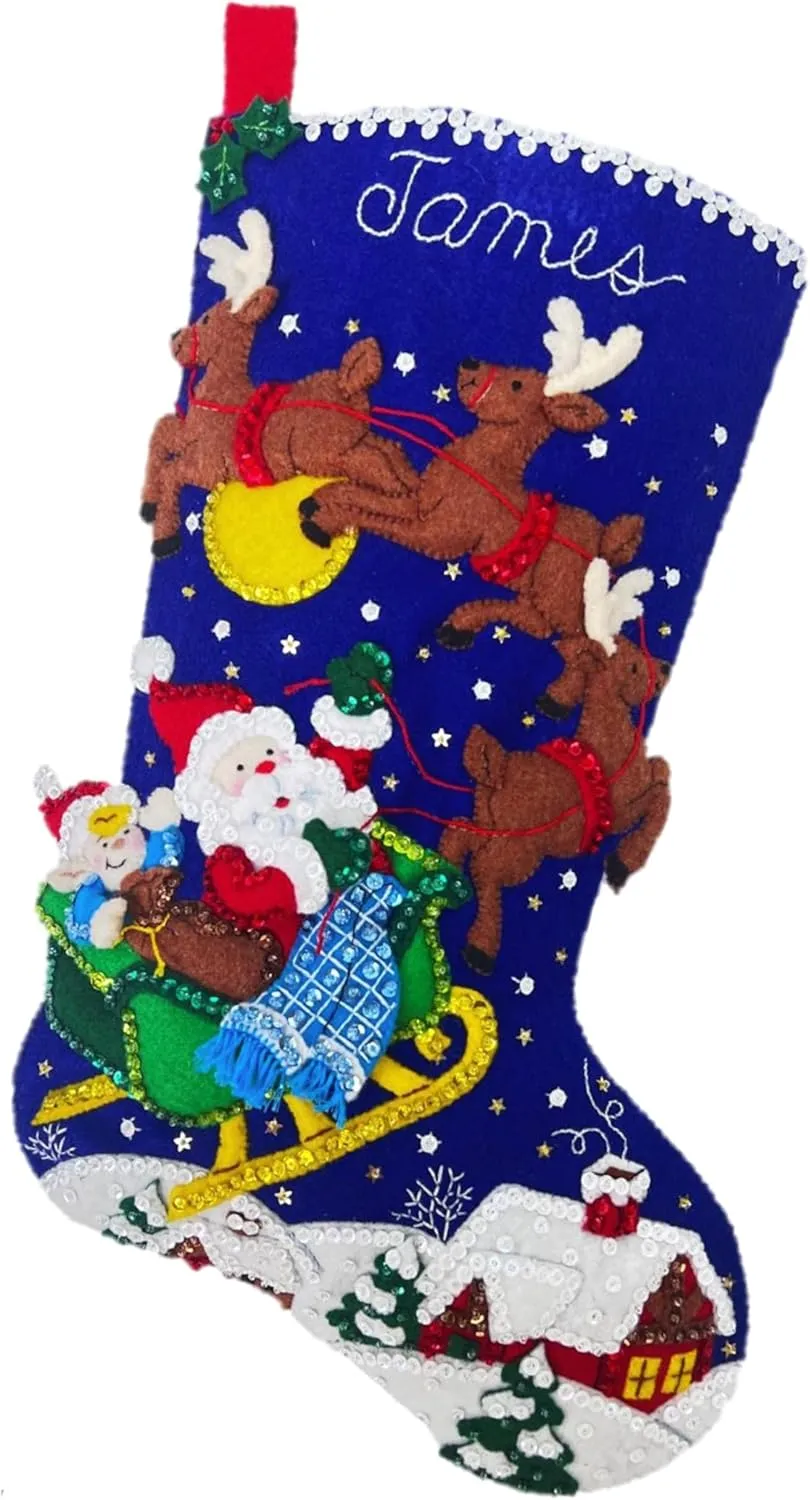 Bucilla Felt Applique 18" Stocking Making Kit, Sleigh Ride with Santa, Perfect for DIY Arts and Crafts, 89536E