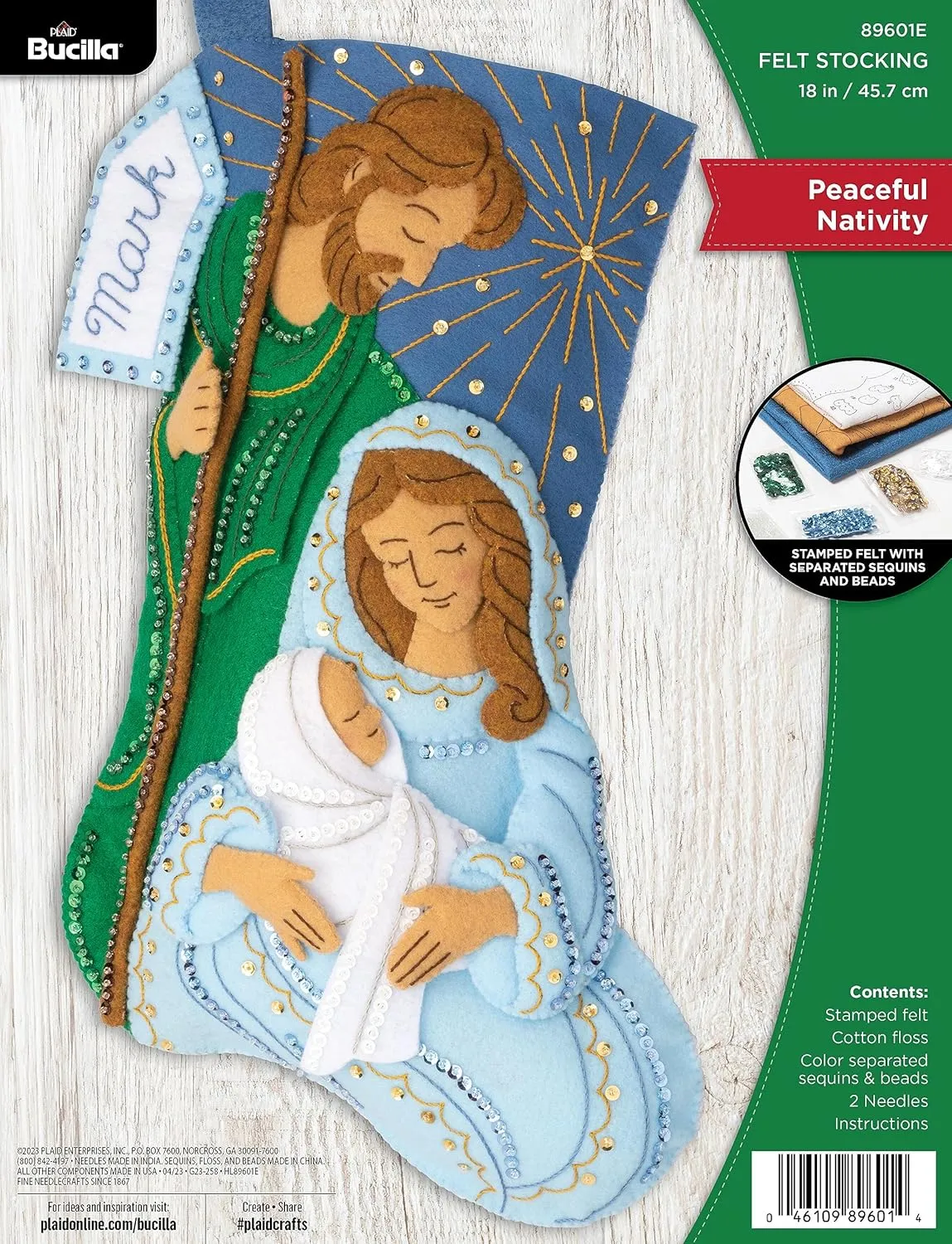 Bucilla, Peaceful Nativity, Felt Applique 18" Stocking Making Kit, Perfect for Holiday DIY Arts and Crafts, 89601E