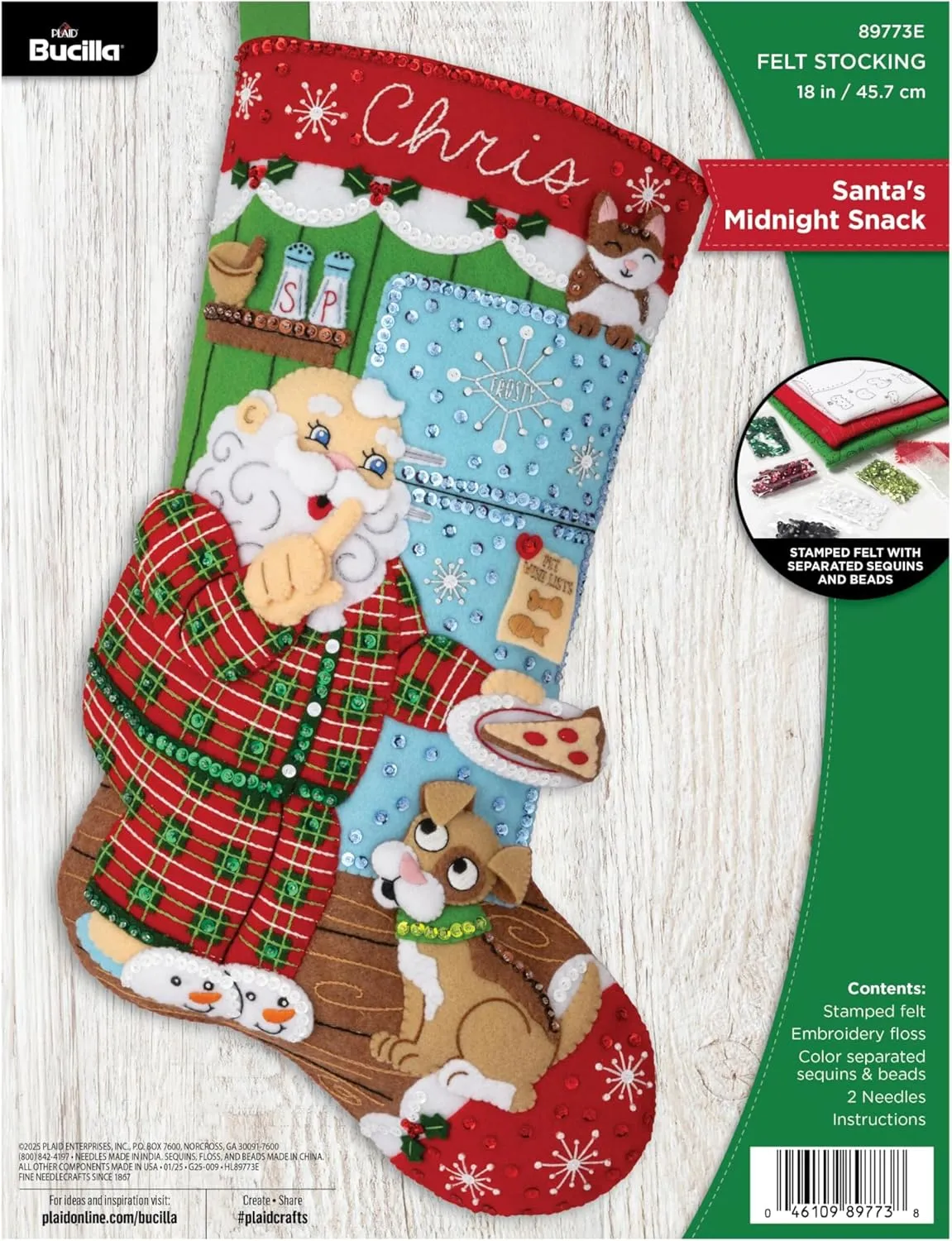 Bucilla, Santa's Midnight Snack, Perfect for DIY Arts and Crafts Projects Felt Applique 18" Stocking Making Kit, 89773E