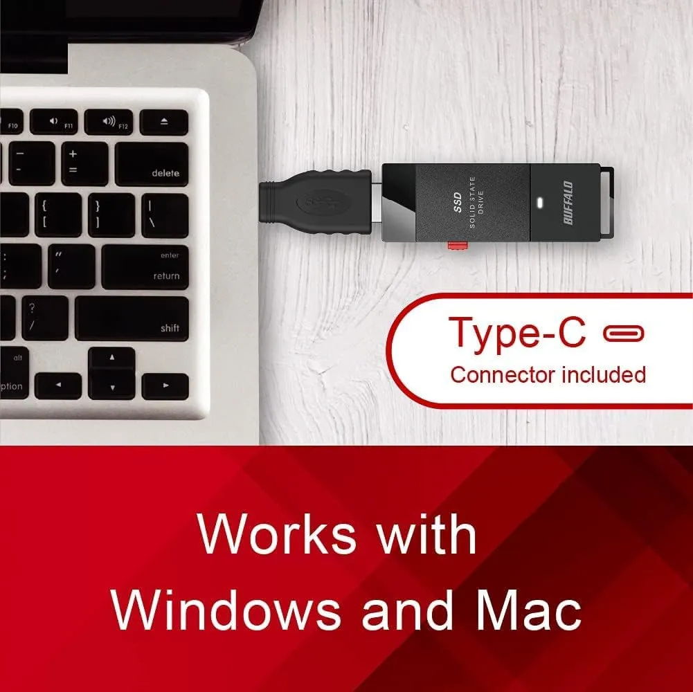 BUFFALO External SSD 2TB - Up to 600MB/s - USB-C - USB-A - USB 3.2 Gen 2 (Compatible with PS4 / PS5 / Windows/Mac) - External Solid State Drive Stick - ‎‎SSD-PUT2.0U3B