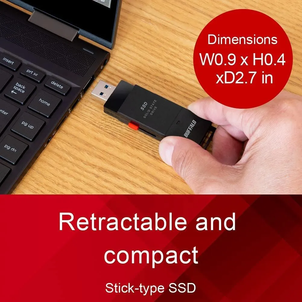 BUFFALO External SSD 2TB - Up to 600MB/s - USB-C - USB-A - USB 3.2 Gen 2 (Compatible with PS4 / PS5 / Windows/Mac) - External Solid State Drive Stick - ‎‎SSD-PUT2.0U3B