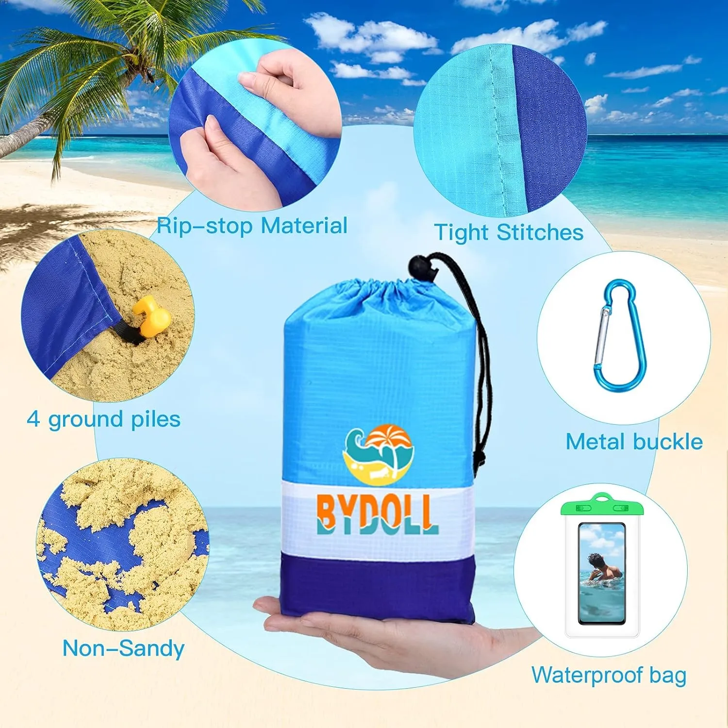 BYDOLL Beach Blanket Waterproof Sandproof 78''×81'' 1-7 Adults Oversized Lightweight Large Picnic Mat Waterproof Sandproof Blanket for Beach