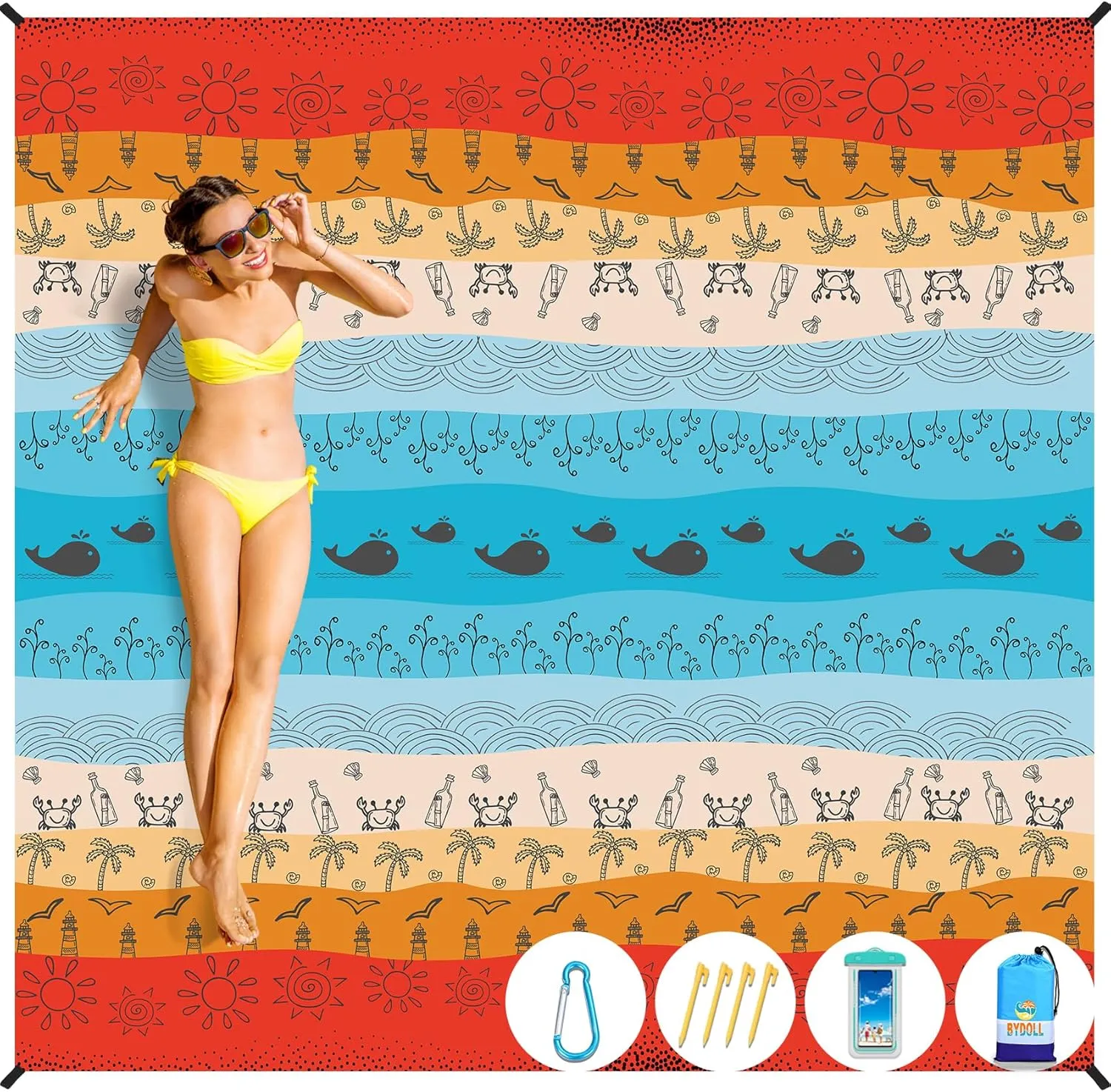BYDOLL Beach Blanket Waterproof Sandproof 78''×81'' Suits1-4 Adults Compact Lightweight Oversized Sand-Free Blanket Large Picnic Mat for Beach Travel Camping Hiking