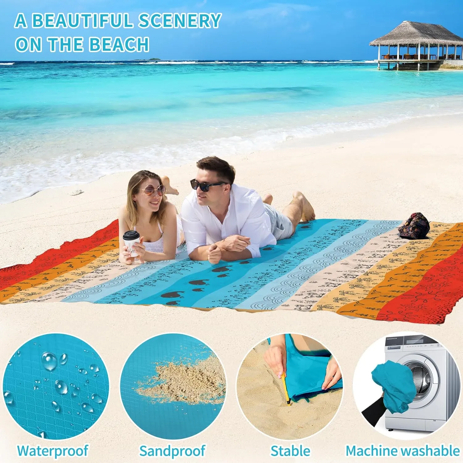 BYDOLL Beach Blanket Waterproof Sandproof 78''×81'' Suits1-4 Adults Compact Lightweight Oversized Sand-Free Blanket Large Picnic Mat for Beach Travel Camping Hiking