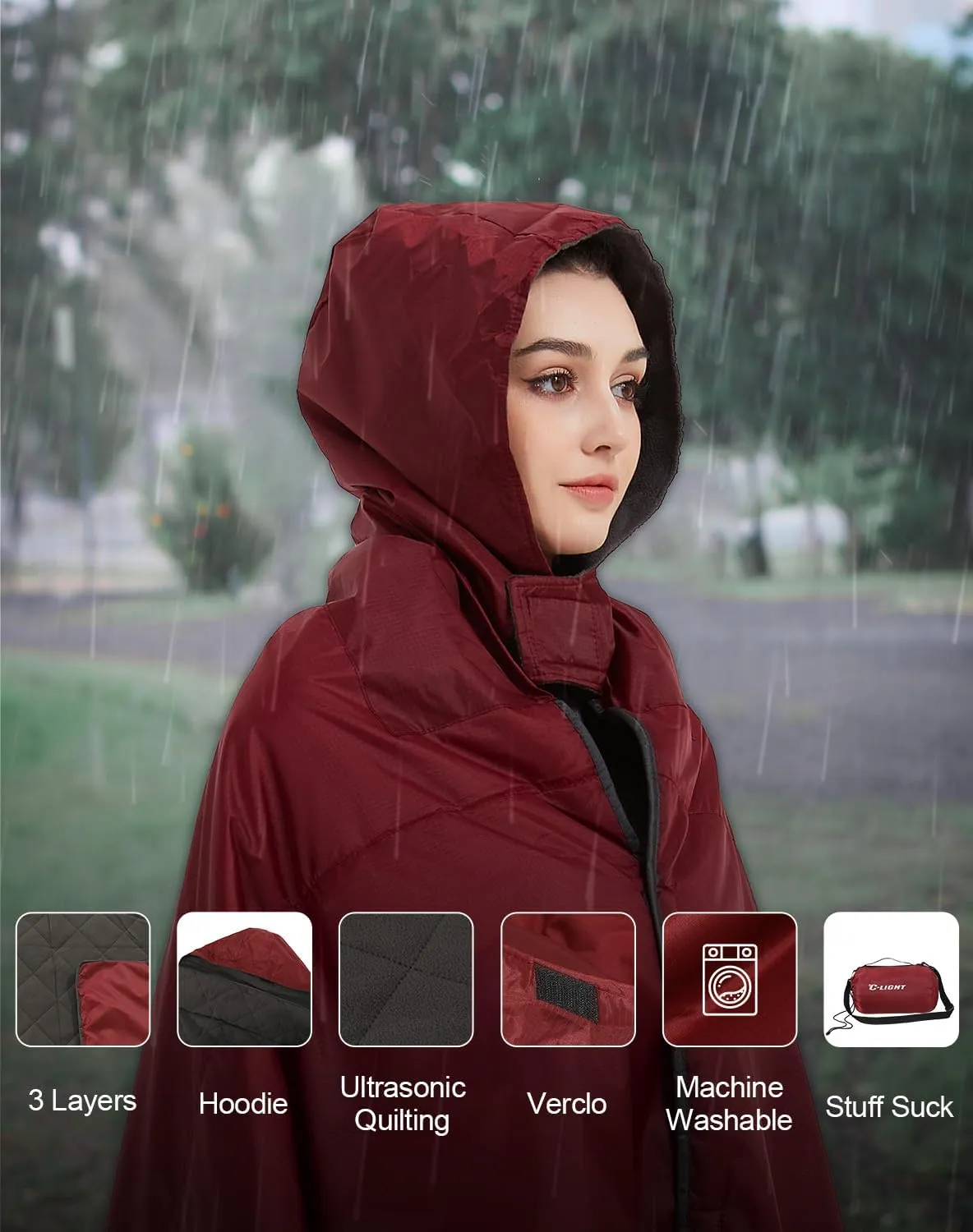C-LIGHT Outdoor Hoodie Blanket - Stadium Blankets Waterproof Windproof - Emergency Warm Blanket for Rain&Cold Weather - Perfect for Picnic, Camping, Outdoor Sports Event, Stadium, Beach