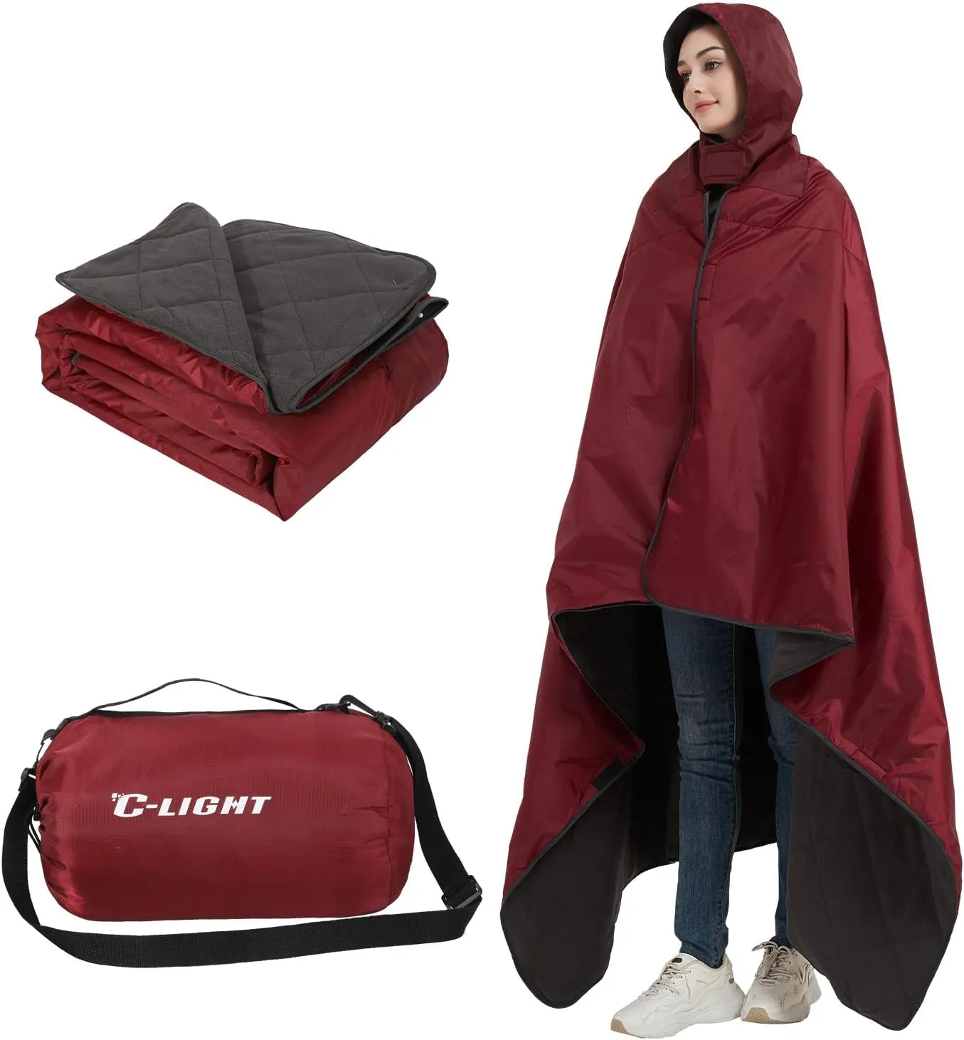C-LIGHT Outdoor Hoodie Blanket - Stadium Blankets Waterproof Windproof - Emergency Warm Blanket for Rain&Cold Weather - Perfect for Picnic, Camping, Outdoor Sports Event, Stadium, Beach