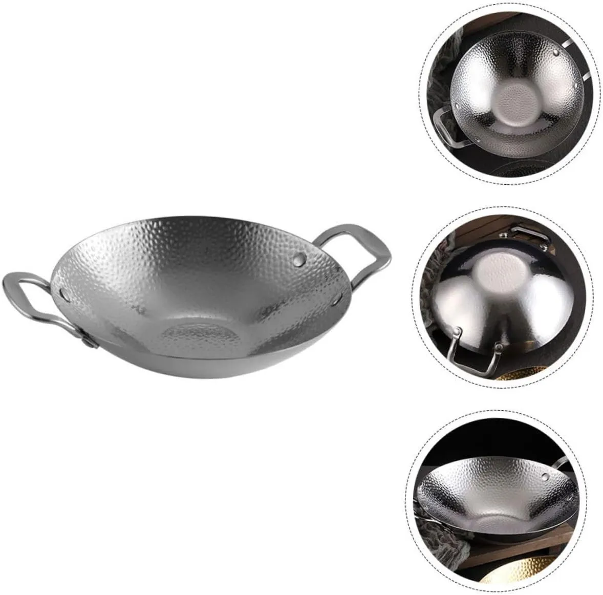 Cabilock Double Handle Stainless Steel Wok Hammered Design Cooking Pot for Home and Restaurant Efficient Heat Transfer for Gas and Electric Stoves Kitchen Essential